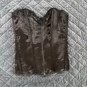 Frederick's of Hollywood Corset Top Large Black Lace Up Zipper Front Goth Satin